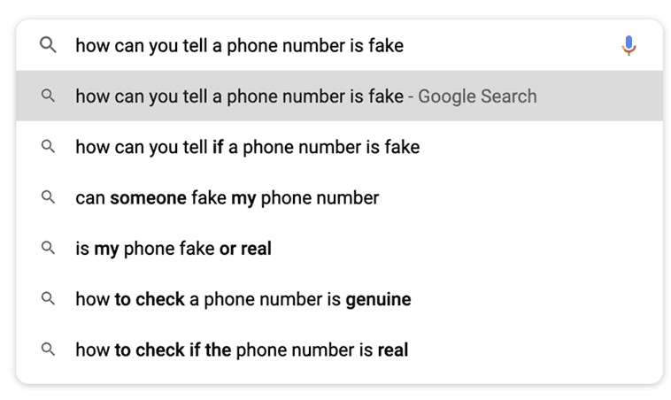 google search suggested results after googling "how to tell if phone number is fake"