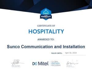 Mitel Hospitality Specialization Partner Certificate awarded to Sunco Communication and Installation